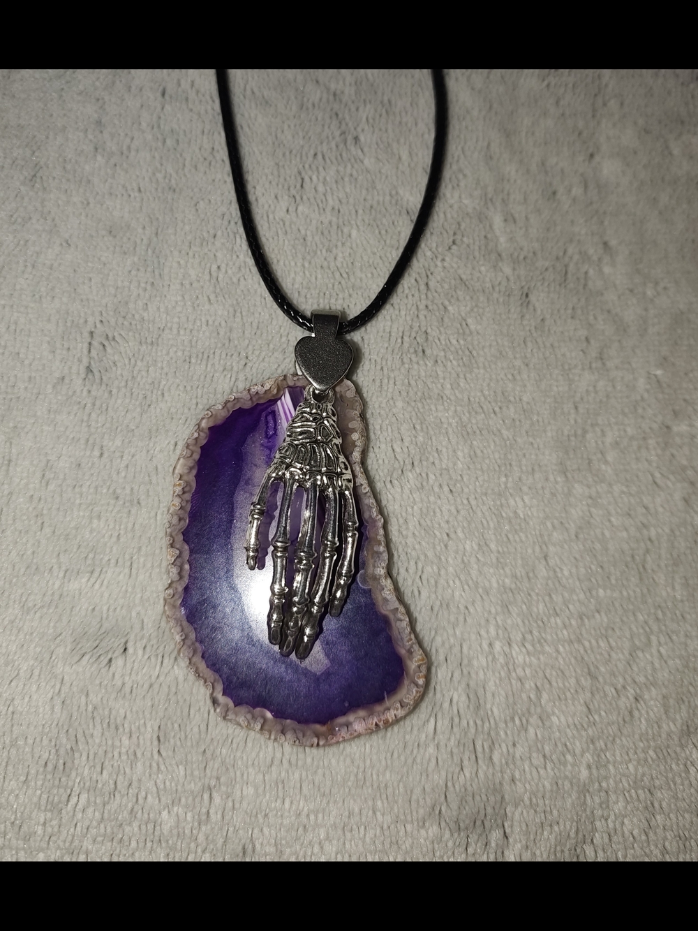 Purple Agate Slice Necklace with Skeleton Hand Pendant - Handmade Jewelry